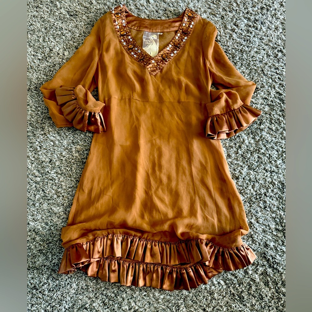 Grace and Desire Vintage Sheer Dress XS. Camel Brown.